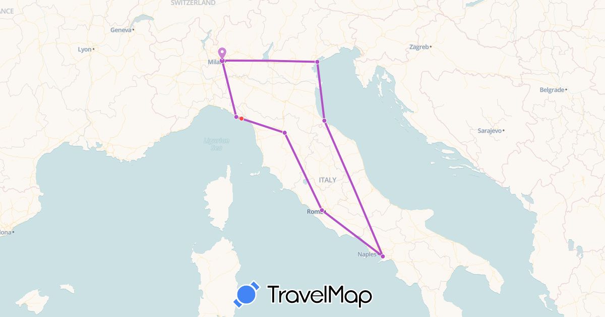 TravelMap itinerary: driving, train, hiking in Italy (Europe)